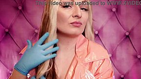Blue nitrile gloves and pink PVC fetish coat video