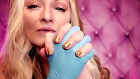 Blue nitrile gloves and pink PVC fetish coat video