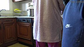 Mature stepmother opens hairy pussy for kitchen banging