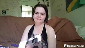 A beautiful girl with tattoos sucks a big cock and gets cum inside her mouth