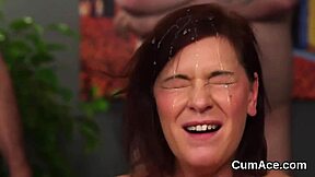 Old centerfold gets cum shower while eating it in