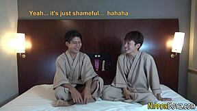 Gay Asian man masturbates and gives blowjob with anal finger play