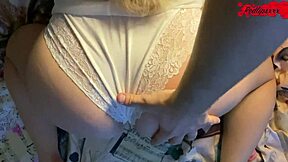 Beautiful blonde in hot lingerie gives great blow job