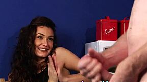 A girl next door is a brunette and she is giving a CFNM treatment to a naked tugging creep