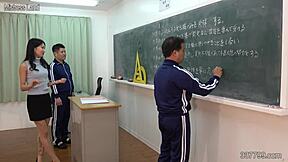 Japanese female teacher disciplines two masochistic students with strict whipping