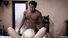 Small black dick penetrates tight virgin pussy in garage