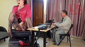 Tall secretary seduces boss and masturbates in the office