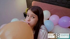 Skinny teen's solo session with dildo and blown balloons