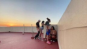 Amateur couple enjoys milk and each other on the terrace