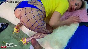 Girl in Grid Sucks Hard for Double Penetration and Cum on Big Ass