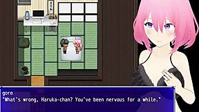 A cuckold play in an anime-style game with an old woman who uses sex toys