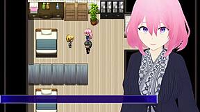 A cuckold play in an anime-style game with an old woman who uses sex toys