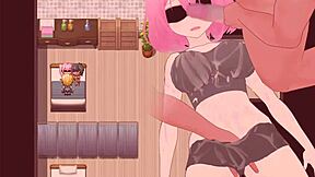 A cuckold play in an anime-style game with an old woman who uses sex toys