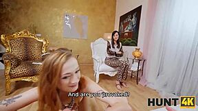 Hunt4k's non-gay scene with an old red-haired man and a skinny woman with small breasts