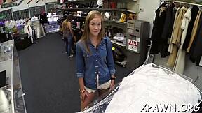 A naked couple has sex in a shop and the man with a big dick gives a blowjob