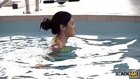 European lovers enjoy poolside sex with oral pleasure