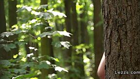 Beautiful blonde babes enjoying hot lesbian sex in the woods