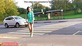 Cross dressing beauty Jeny in transparent dress gets high outdoors