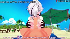 Hentai beach scene with Arlecchino and three Generations