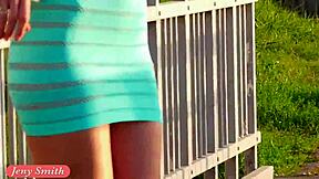 Cross dressing beauty Jeny in transparent dress gets high outdoors
