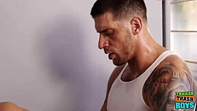 Gay hunk Jax Thirio and Ty Roderick in hot breeding action with trailer trash boys