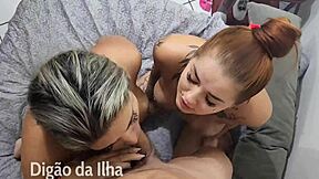 Two beautiful women have fun with a dildo on a tropical island and enjoy some anal sex and lesbian sex