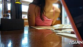 Asian girlfriend gets off with remote-controlled toy in restaurant