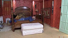 Blonde bombshell gets a footjob and facial in bed
