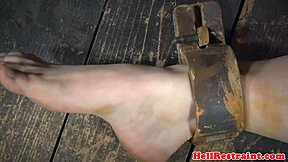 A BDSM scene with a submissive who is chained and punished with a whip