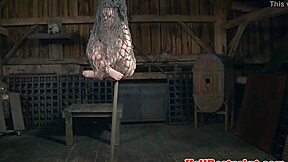 A BDSM scene with a submissive who is chained and punished with a whip
