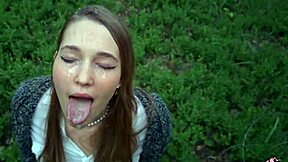 Asian nympho gets covered in cum in hot forest scene