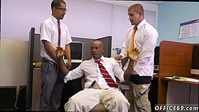 Gay and straight men having sex in an HR meeting in a porn video