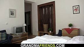 Granny’s beaver hunt with a big cock loving son and friend
