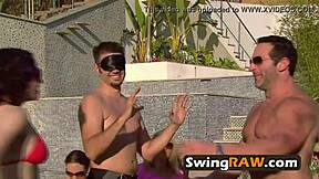 Blindfolded pool party: horny couples play sexy games