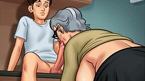 A big-boobed MILF gives a good blowjob in Summertime Saga