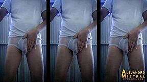 Alejandro is a unhappy gay with an erection in white lingerie