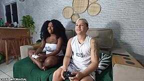 Neighbor interrupts gaming session for rough interracial gay sex