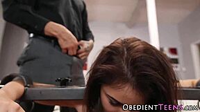 Young girl in stocks has facial with hot cum after rough sex with dominant man