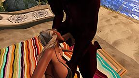 Black man has sex with Asian step-sister on the beach in Second life