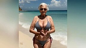 Granny’s got a sexy new bikini, showing off with dirty talk, man, watch this horny gilf strip nude at the end, oops!