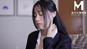 Big-boobed Asian beauty seduces her boss in black stockings