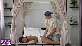 Stepson gets a sensual massage with oil and then gets fucked on top in a cowgirl position