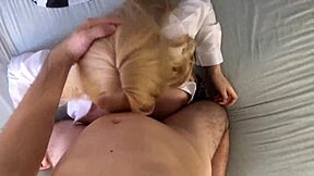 stepfather drills blonde stepdaughter's big tits on her bed