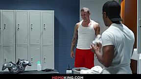 Interracial gay anal in locker room with jock straps