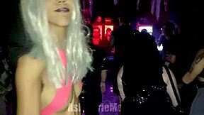 Public show of the hairy beauty with a costume and a downblouse tease