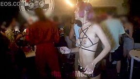 Public show of the hairy beauty with a costume and a downblouse tease