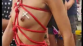 Public show of the hairy beauty with a costume and a downblouse tease