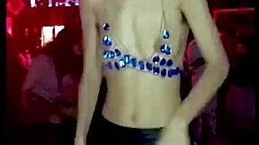 Public show of the hairy beauty with a costume and a downblouse tease