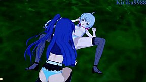 Symphogear's Chris, Tsubasa, and Maria in intense lesbian scenes