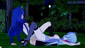 Symphogear's Chris, Tsubasa, and Maria in intense lesbian scenes